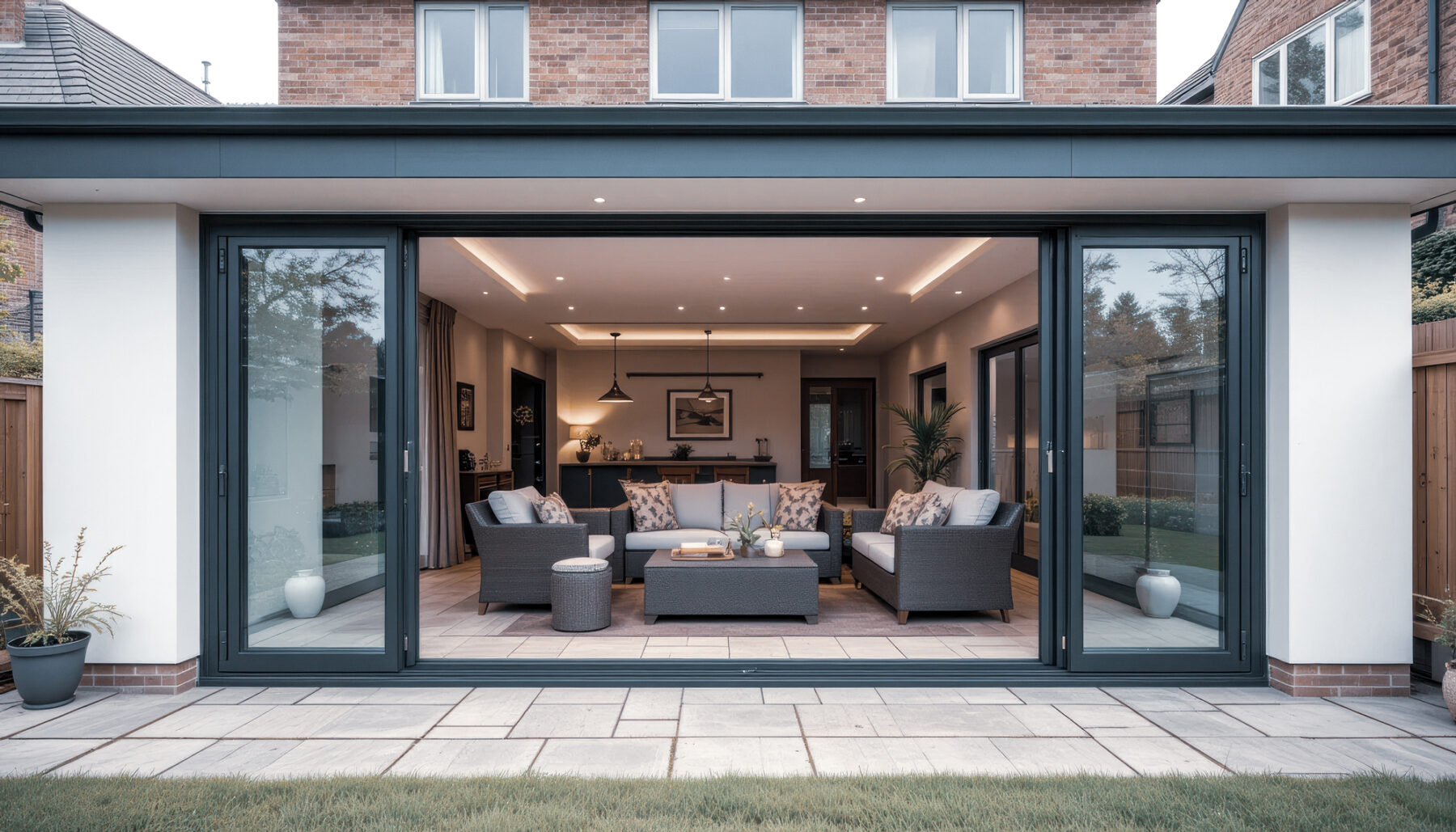 A rear extension opening onto a paved garden