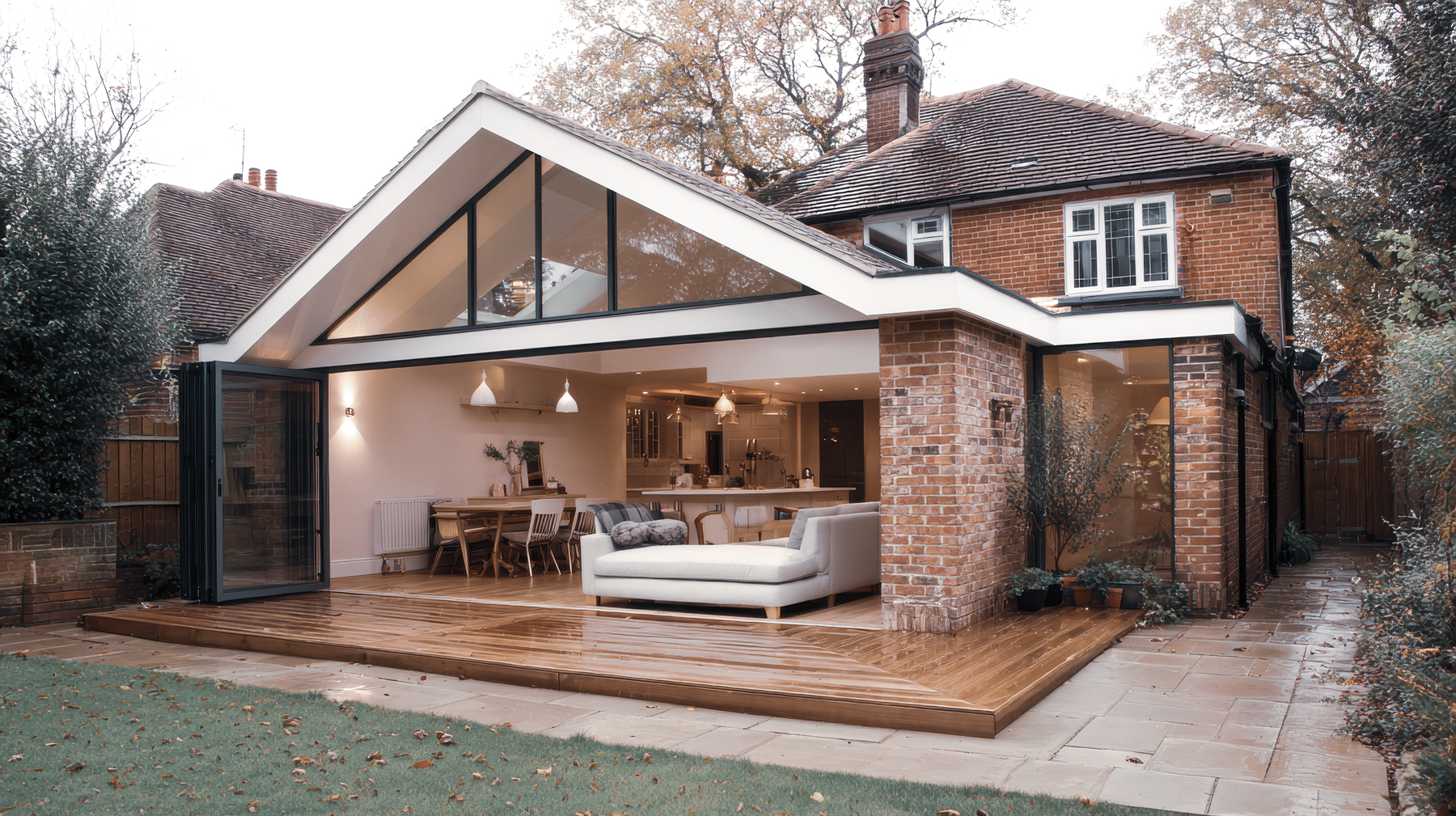 A rear extension with a glazed gable, opening onto a garden at dusk