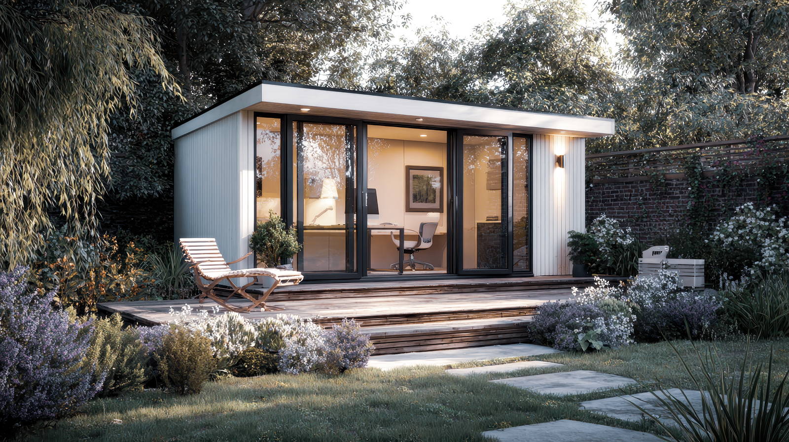 A garden studio at dusk